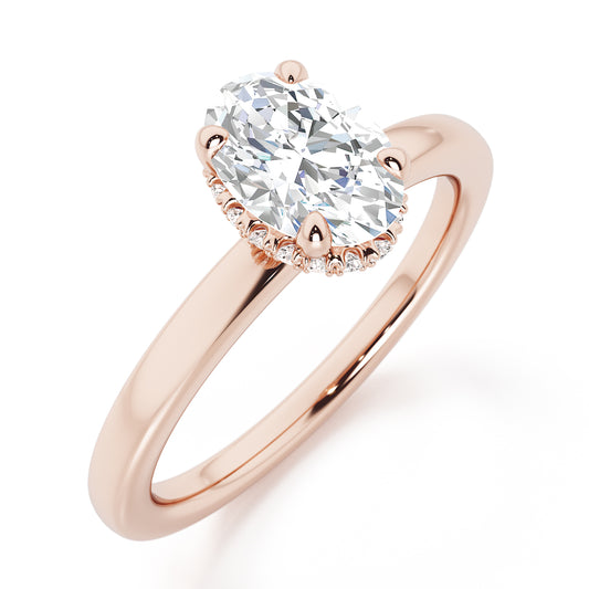 Classic Oval Cut Hidden Halo Engagement Ring - 2ct+, E/F, VVS - 18ct Rose Gold