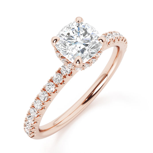 Cushion Cut Hidden Halo with Diamond Shoulders Engagement Ring - 2ct+, E/F, VVS - 18ct Rose Gold