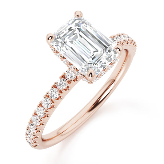 Emerald Cut Hidden Halo with Diamond Shoulders Engagement Ring - 2ct+, E/F, VVS - 18ct Rose Gold