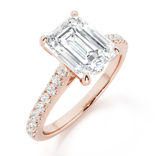 Emerald Cut with Diamond Shoulders Engagement Ring - 2ct+, E/F, VVS - 18ct Rose Gold