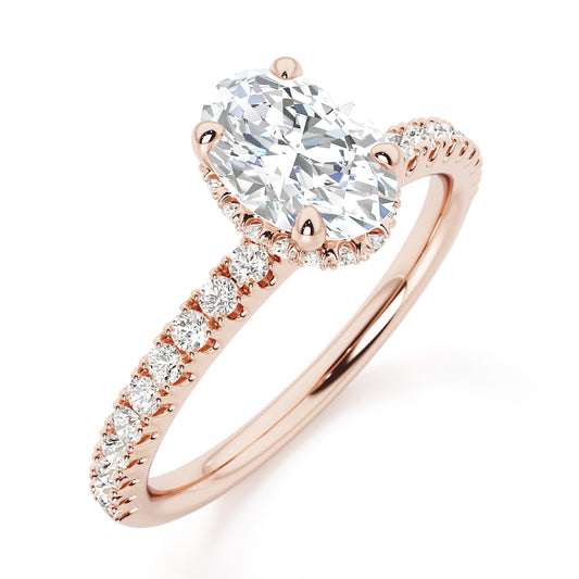 Oval Cut Hidden Halo with Diamond Shoulders Engagement Ring - 2ct+, E/F, VVS - 18ct Rose Gold