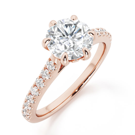 6 Claw Round Cut with Diamond Shoulders Engagement Ring - 2ct+, E/F, VVS - 18ct Rose Gold