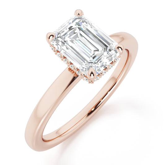 Emerald Cut Hidden Halo Engagement Ring - 2ct+, E/F, VVS - 18ct Rose Gold