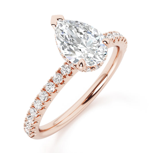 Pear Cut Hidden Halo with Diamond Shoulders Engagement Ring - 2ct+, E/F, VVS - 18ct Rose Gold