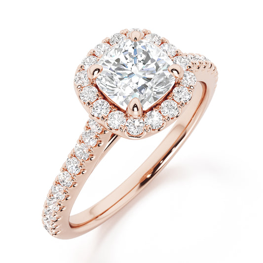 Cushion Cut Halo Engagement Ring with Diamond Shoulders - 2ct+, E/F, VVS - 18ct Rose Gold