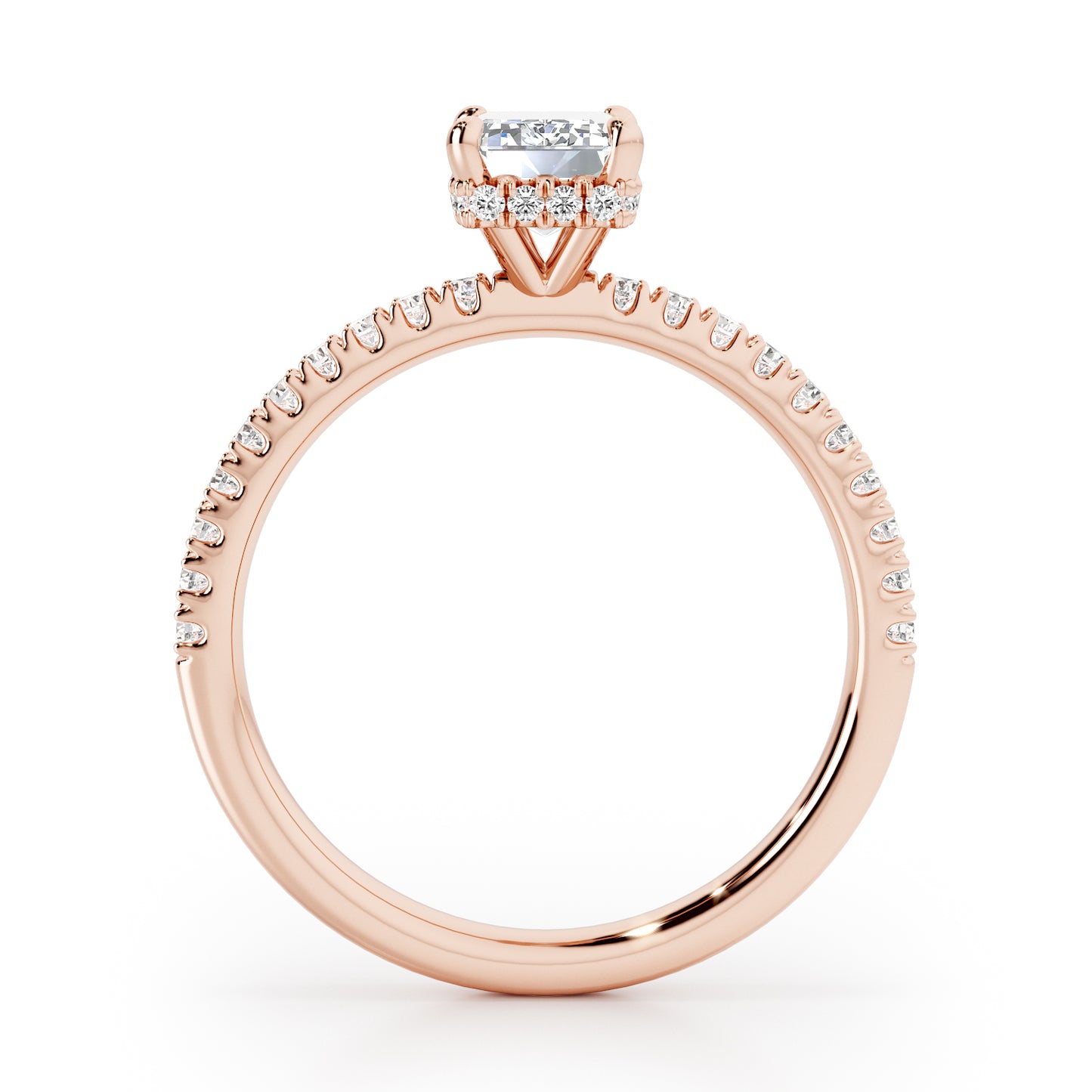 Emerald Cut Hidden Halo with Diamond Shoulders Engagement Ring - 2ct+, E/F, VVS - 18ct Rose Gold