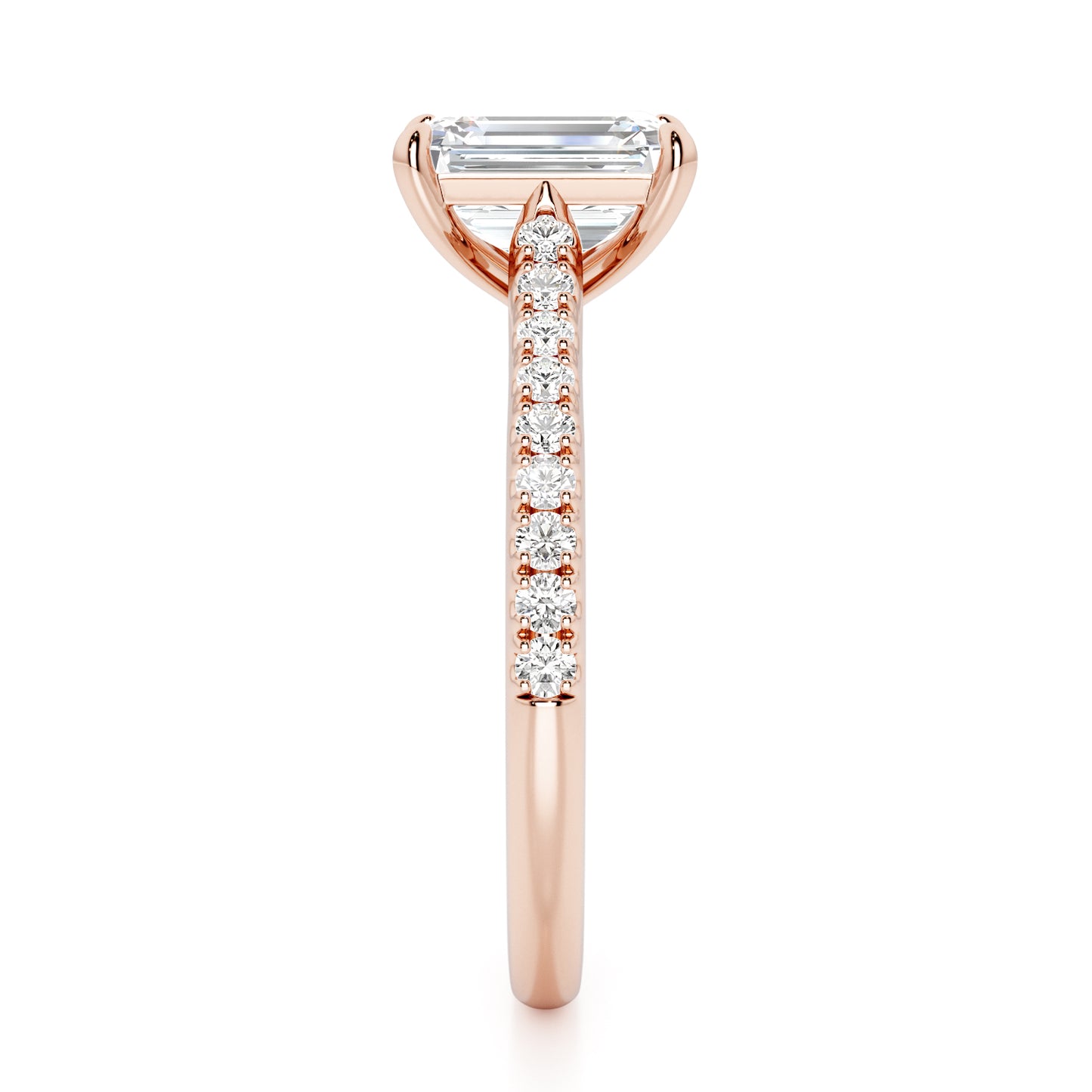 Emerald Cut with Diamond Shoulders Engagement Ring - 2ct+, E/F, VVS - 18ct Rose Gold
