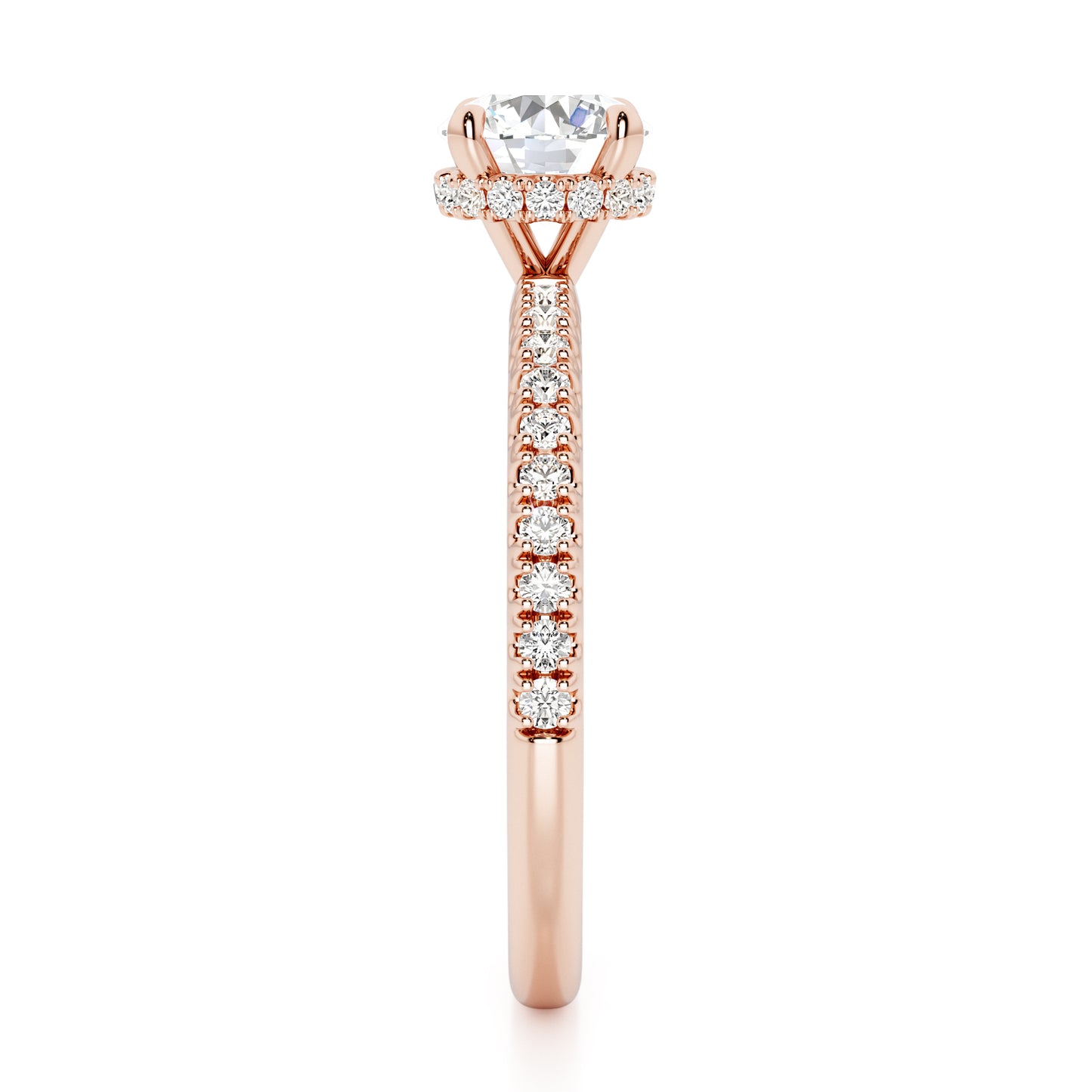 Classic Round Cut Hidden Halo with Diamond Shoulders Engagement Ring - 2ct+, E/F, VVS - 18ct Rose Gold
