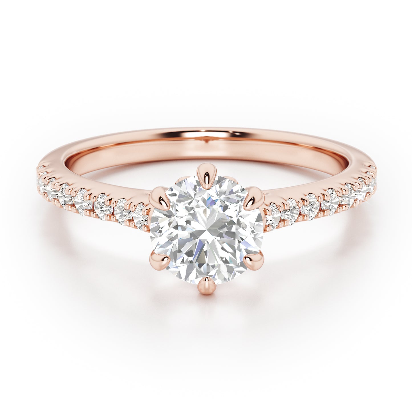 6 Claw Round Cut with Diamond Shoulders Engagement Ring - 2ct+, E/F, VVS - 18ct Rose Gold