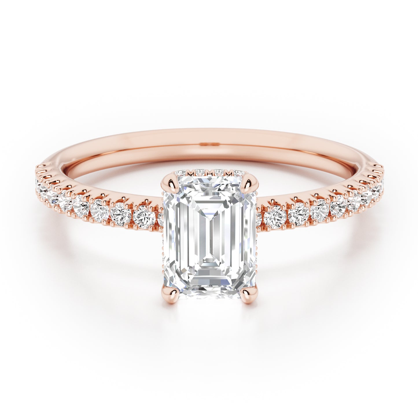 Emerald Cut Hidden Halo with Diamond Shoulders Engagement Ring - 2ct+, E/F, VVS - 18ct Rose Gold