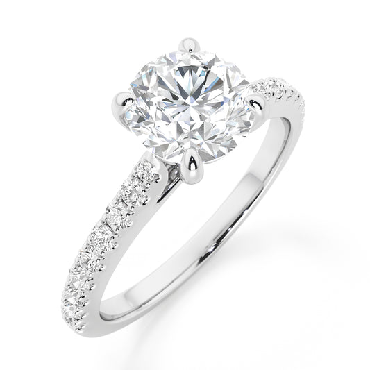 Classic Round Cut with Diamond Shoulders Engagement Ring - 2ct+, E/F, VVS - Platinum