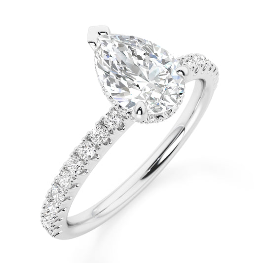 Pear Cut Hidden Halo with Diamond Shoulders Engagement Ring - 2ct+, E/F, VVS - Platinum