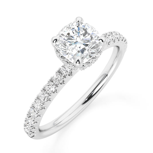 Cushion Cut Hidden Halo with Diamond Shoulders Engagement Ring - 2ct+, E/F, VVS - Platinum