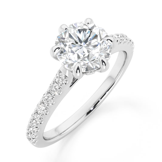 6 Claw Round Cut with Diamond Shoulders Engagement Ring - 2ct+, E/F, VVS - Platinum