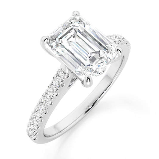 Emerald Cut with Diamond Shoulders Engagement Ring - 2ct+, E/F, VVS - Platinum