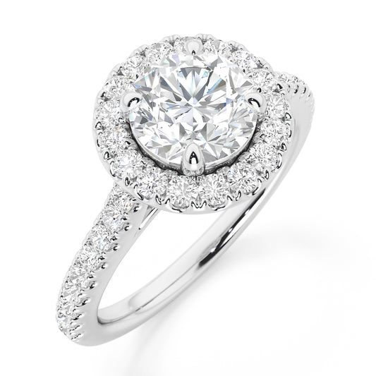 4 Claw Round Cut Halo Engagement Ring with Diamond Shoulders - 1ct+, E/F, VVS - Platinum