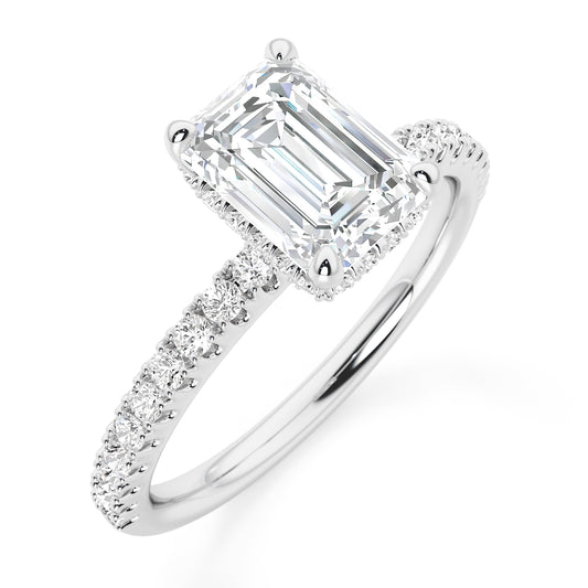 Emerald Cut Hidden Halo with Diamond Shoulders Engagement Ring - 2ct+, E/F, VVS - Platinum