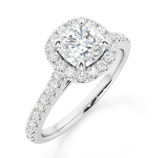 Cushion Cut Halo Engagement Ring with Diamond Shoulders - 2ct+, E/F, VVS - Platinum