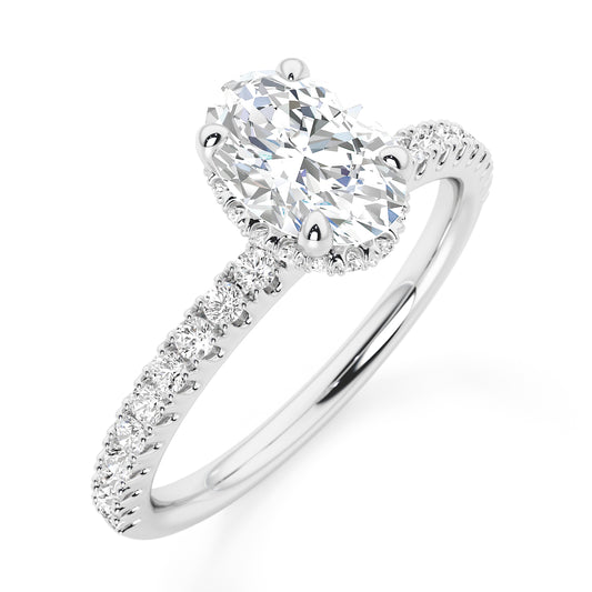 Oval Cut Hidden Halo with Diamond Shoulders Engagement Ring - 2ct+, E/F, VVS - Platinum