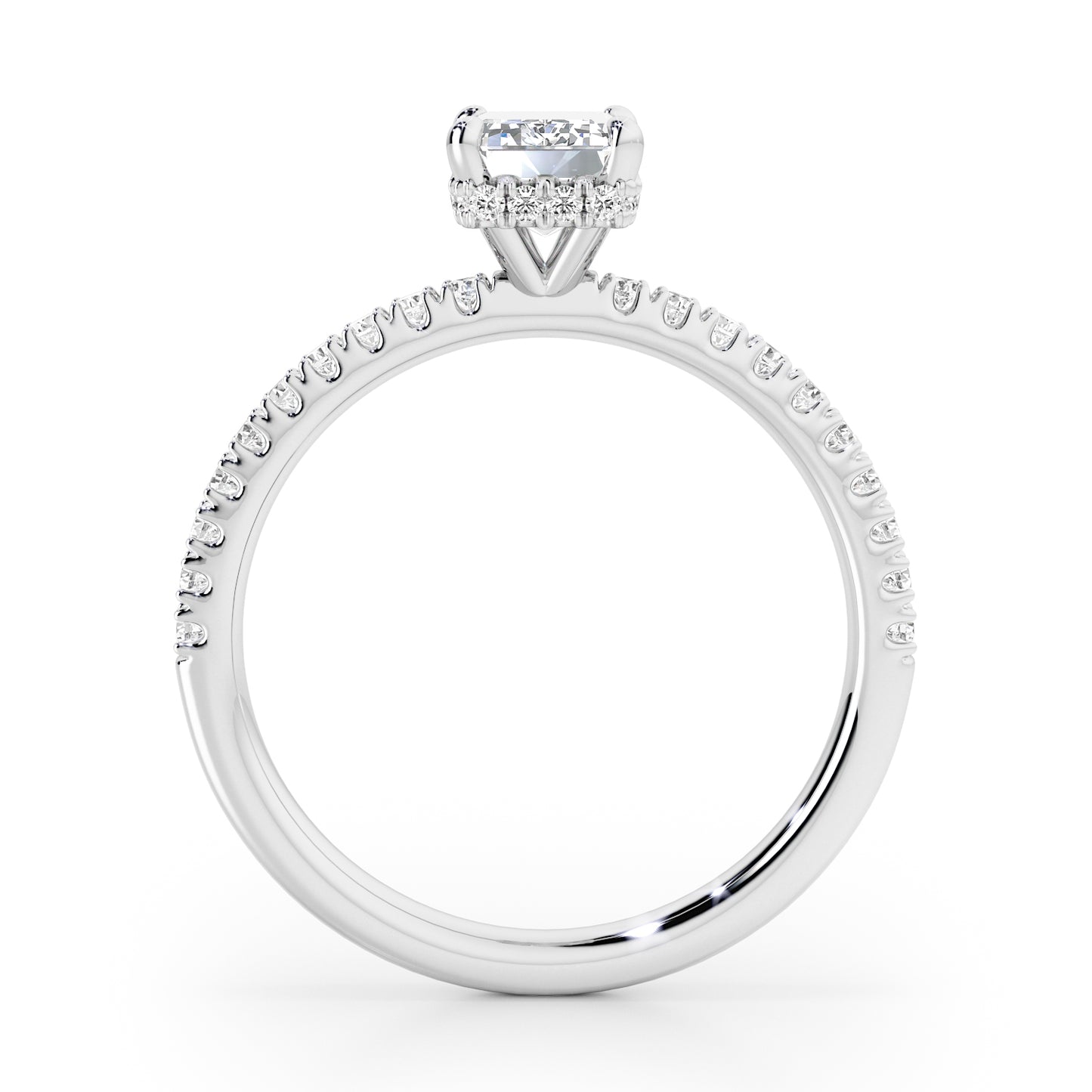 Emerald Cut Hidden Halo with Diamond Shoulders Engagement Ring - 2ct+, E/F, VVS - Platinum