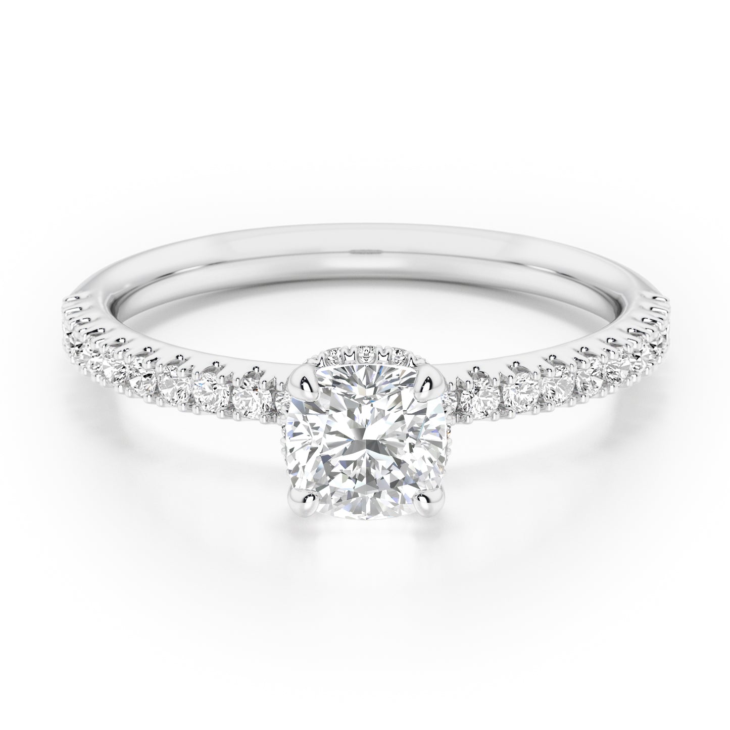 Cushion Cut Hidden Halo with Diamond Shoulders Engagement Ring - 2ct+, E/F, VVS - Platinum