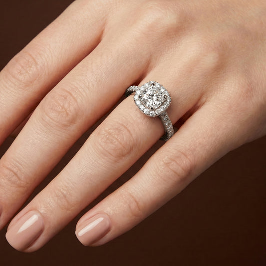 Cushion Cut Halo Engagement Ring with Diamond Shoulders - 2ct+, E/F, VVS - Platinum