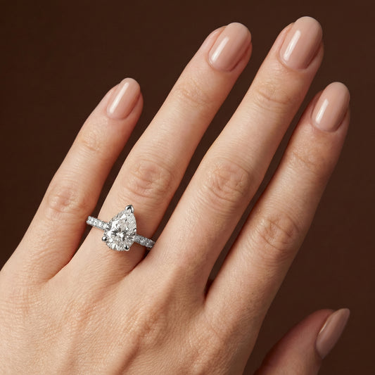 Pear Cut Hidden Halo with Diamond Shoulders Engagement Ring - 2ct+, E/F, VVS - Platinum