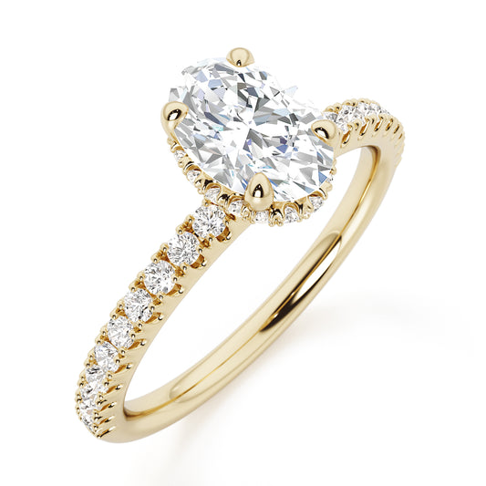 Oval Cut Hidden Halo with Diamond Shoulders Engagement Ring - 2ct+, E/F, VVS - 18ct Yellow Gold