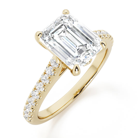 Emerald Cut with Diamond Shoulders Engagement Ring - 2ct+, E/F, VVS - 18ct Yellow Gold