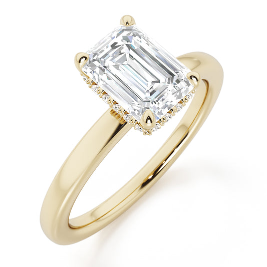 Emerald Cut Hidden Halo Engagement Ring - 2ct+, E/F, VVS - 18ct Yellow Gold