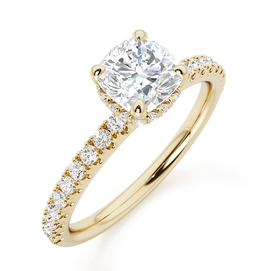 Cushion Cut Hidden Halo with Diamond Shoulders Engagement Ring - 2ct+, E/F, VVS - 18ct Yellow Gold