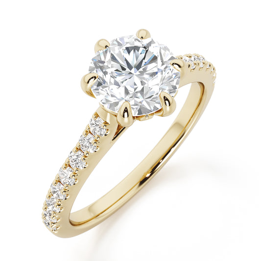 6 Claw Round Cut with Diamond Shoulders Engagement Ring - 2ct+, E/F, VVS - 18ct Yellow Gold