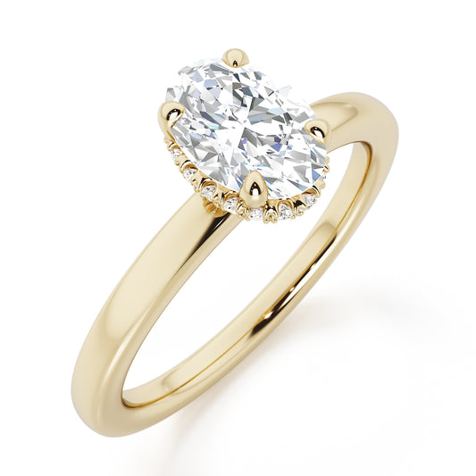 Classic Oval Cut Hidden Halo Engagement Ring - 2ct+, E/F, VVS - 18ct Yellow Gold