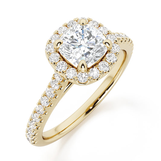 Cushion Cut Halo Engagement Ring with Diamond Shoulders - 2ct+, E/F, VVS - 18ct Yellow Gold