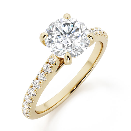 Classic Round Cut with Diamond Shoulders Engagement Ring - 2ct+, E/F, VVS - 18ct Yellow Gold