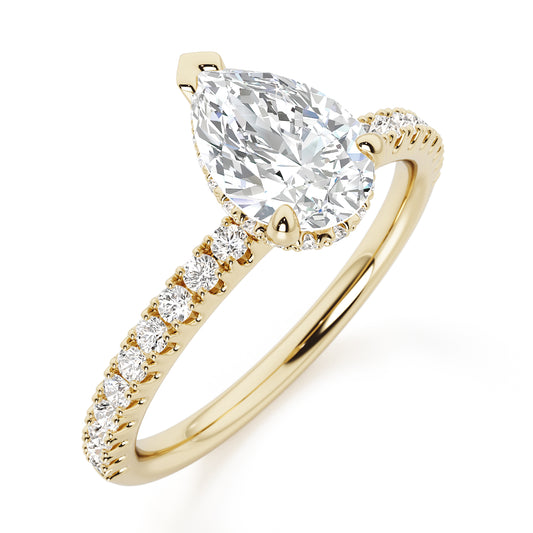 Pear Cut Hidden Halo with Diamond Shoulders Engagement Ring - 2ct+, E/F, VVS - 18ct Yellow Gold