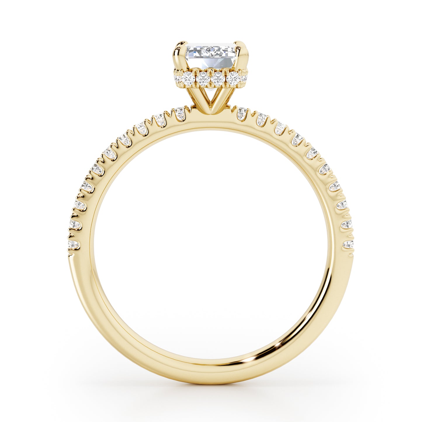 Emerald Cut Hidden Halo with Diamond Shoulders Engagement Ring - 2ct+, E/F, VVS - 18ct Yellow Gold