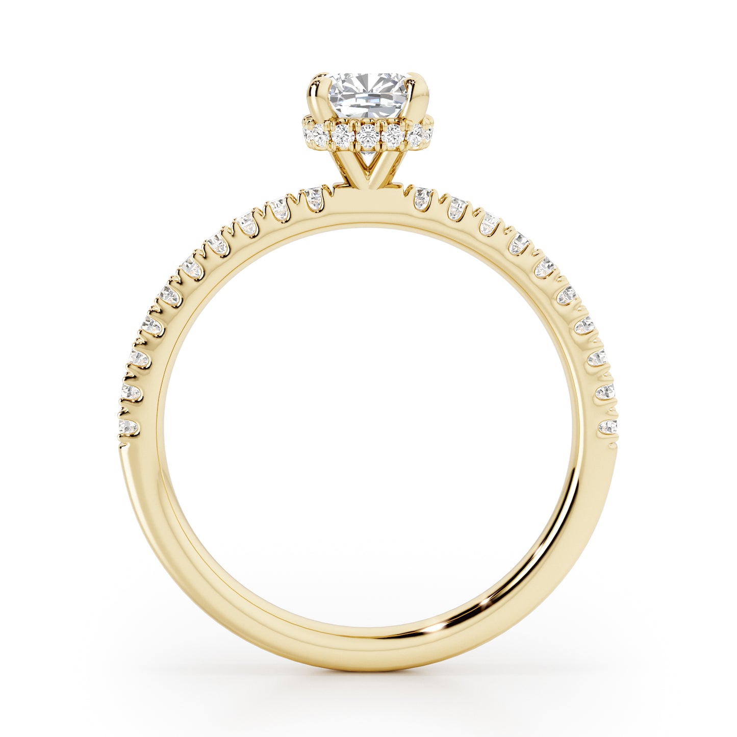 Cushion Cut Hidden Halo with Diamond Shoulders Engagement Ring - 2ct+, E/F, VVS - 18ct Yellow Gold