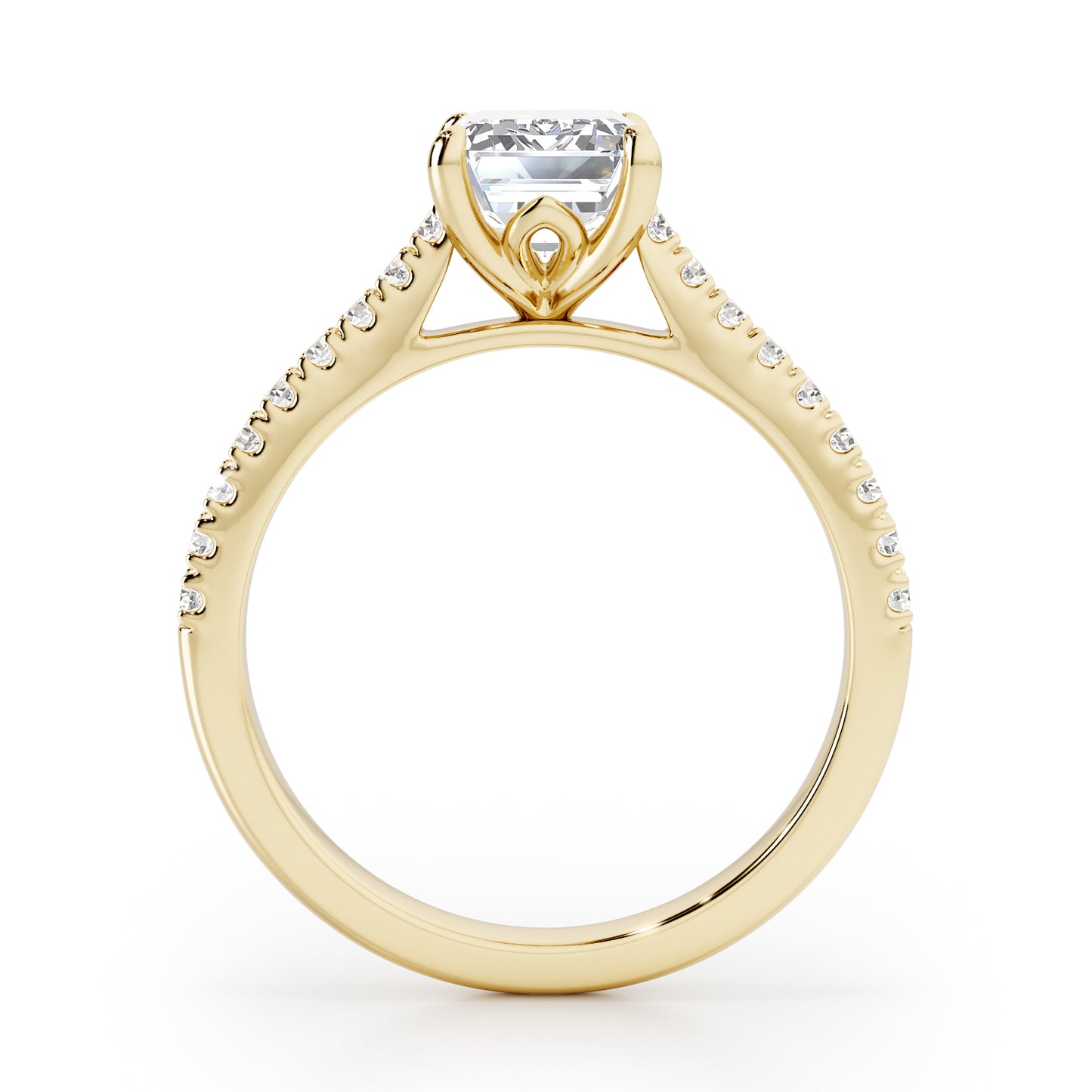 Emerald Cut with Diamond Shoulders Engagement Ring - 2ct+, E/F, VVS - 18ct Yellow Gold