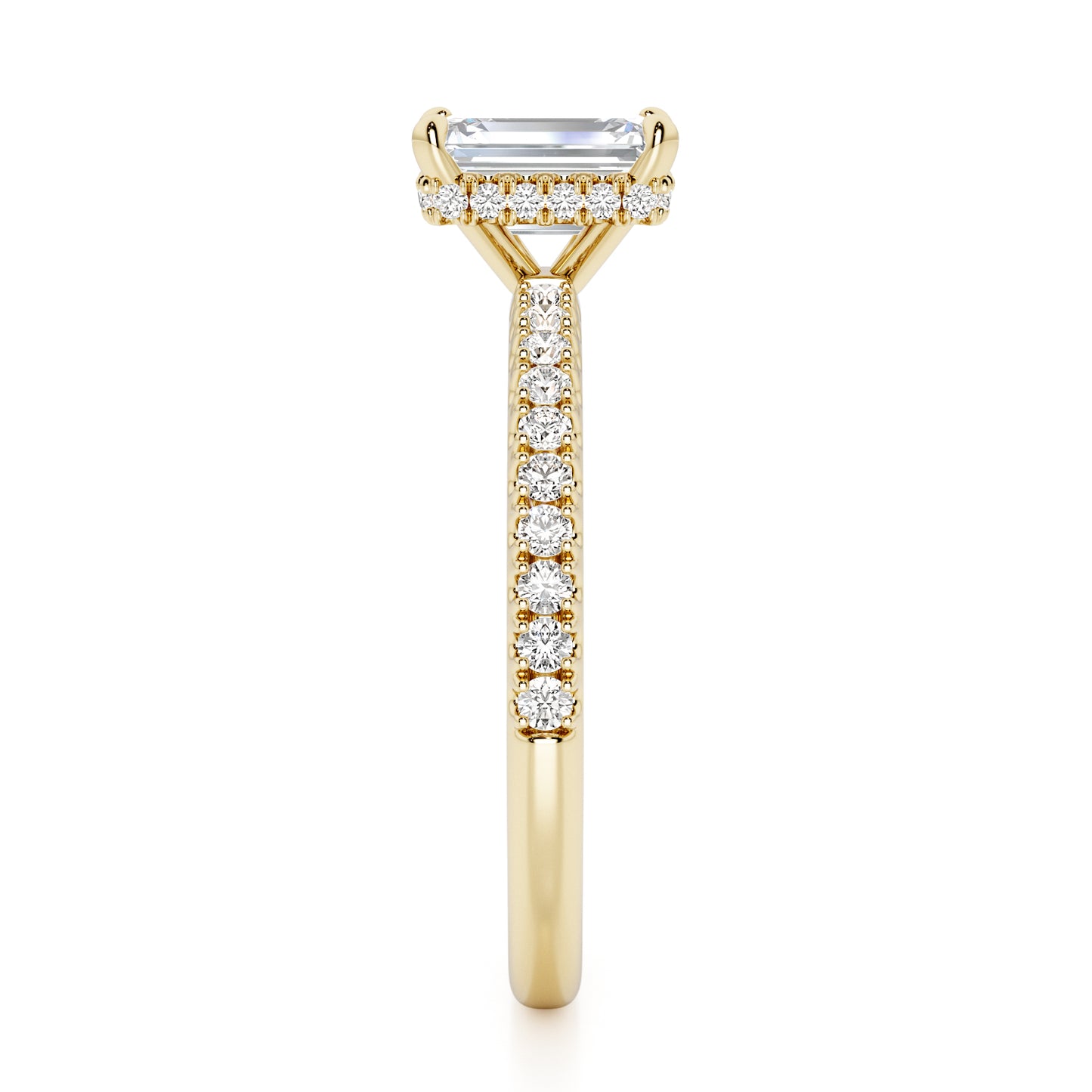 Emerald Cut Hidden Halo with Diamond Shoulders Engagement Ring - 2ct+, E/F, VVS - 18ct Yellow Gold
