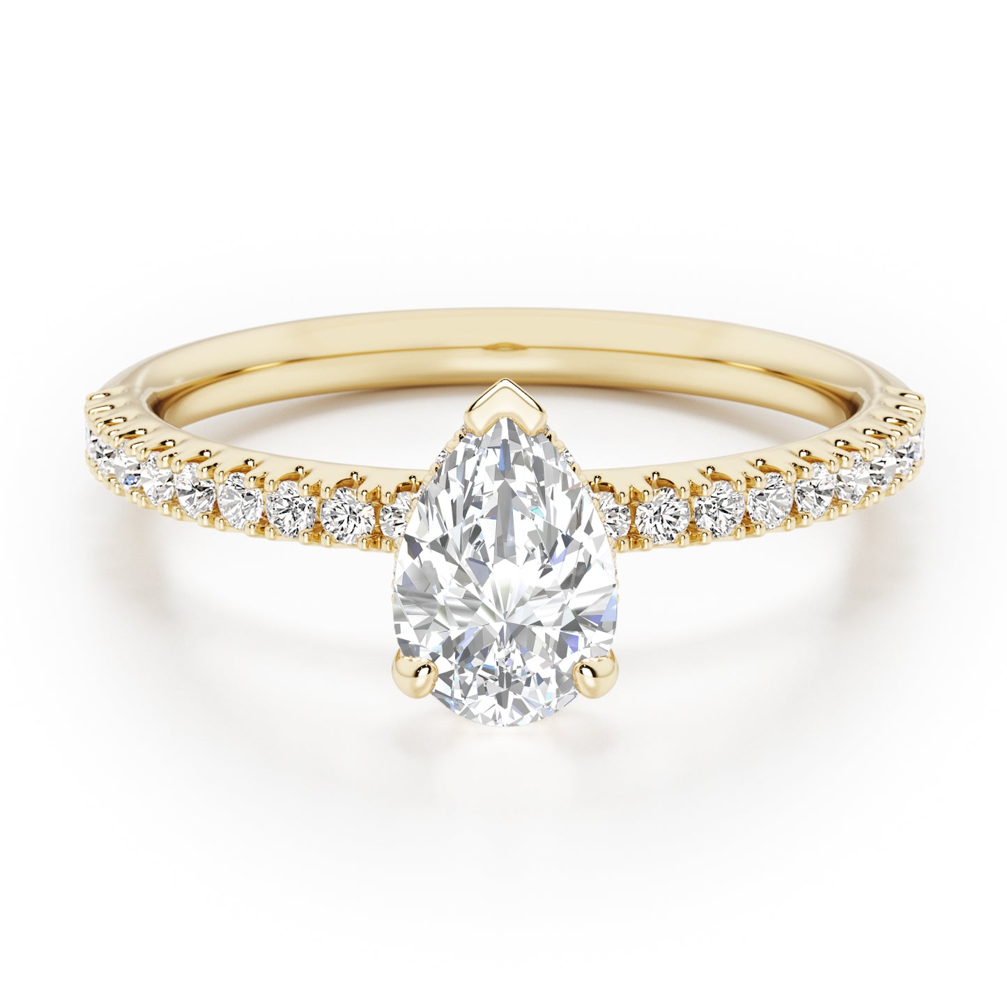 Pear Cut Hidden Halo with Diamond Shoulders Engagement Ring - 2ct+, E/F, VVS - 18ct Yellow Gold