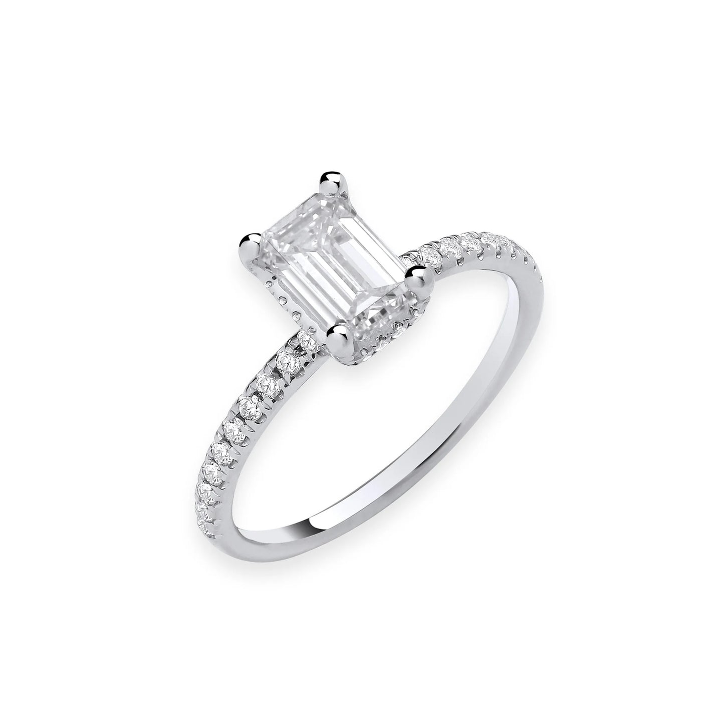 1.23ct Emerald Cut Hidden Halo & Diamond Shoulder Engagement Ring - D/E, VVS/VS - IGI - 18ct White Gold