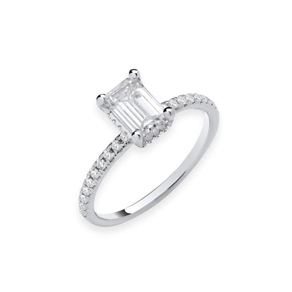 1.23ct Emerald Cut Hidden Halo & Diamond Shoulder Engagement Ring - D/E, VVS/VS - IGI - 18ct White Gold
