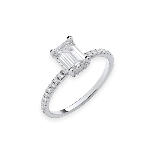 1.23ct Emerald Cut Hidden Halo & Diamond Shoulder Engagement Ring - D/E, VVS/VS - IGI - 18ct White Gold