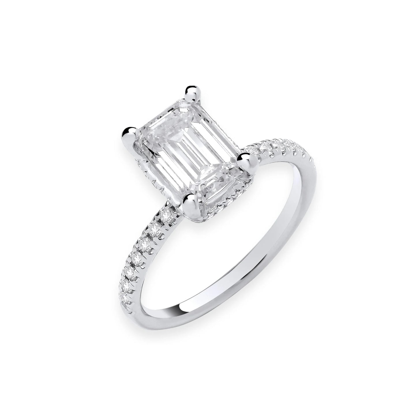 2.25ct Emerald Cut Hidden Halo & Diamond Shoulder Engagement Ring - D/E, VVS/VS - IGI - 18ct White Gold