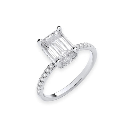 2.25ct Emerald Cut Hidden Halo & Diamond Shoulder Engagement Ring - D/E, VVS/VS - IGI - 18ct White Gold