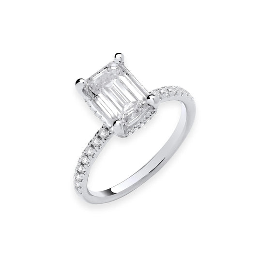 2.25ct Emerald Cut Hidden Halo & Diamond Shoulder Engagement Ring - D/E, VVS/VS - IGI - 18ct White Gold