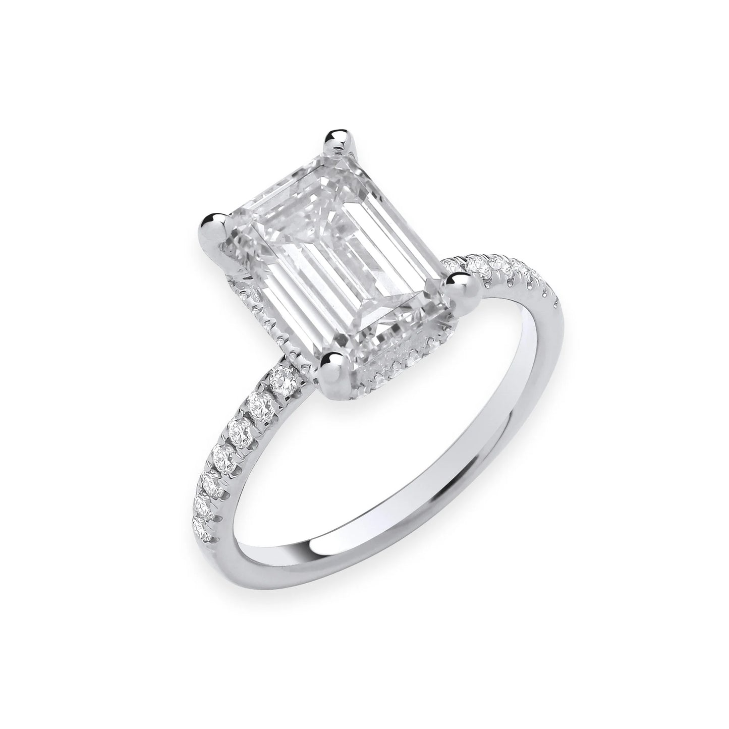 3.30ct Emerald Cut Hidden Halo & Diamond Shoulder Engagement Ring - D/E, VVS/VS - IGI - 18ct White Gold