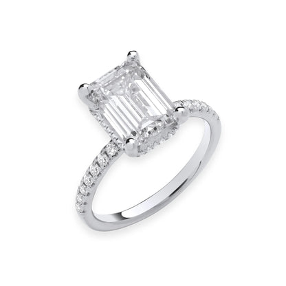 3.30ct Emerald Cut Hidden Halo & Diamond Shoulder Engagement Ring - D/E, VVS/VS - IGI - 18ct White Gold