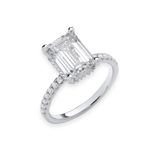 3.30ct Emerald Cut Hidden Halo & Diamond Shoulder Engagement Ring - D/E, VVS/VS - IGI - 18ct White Gold